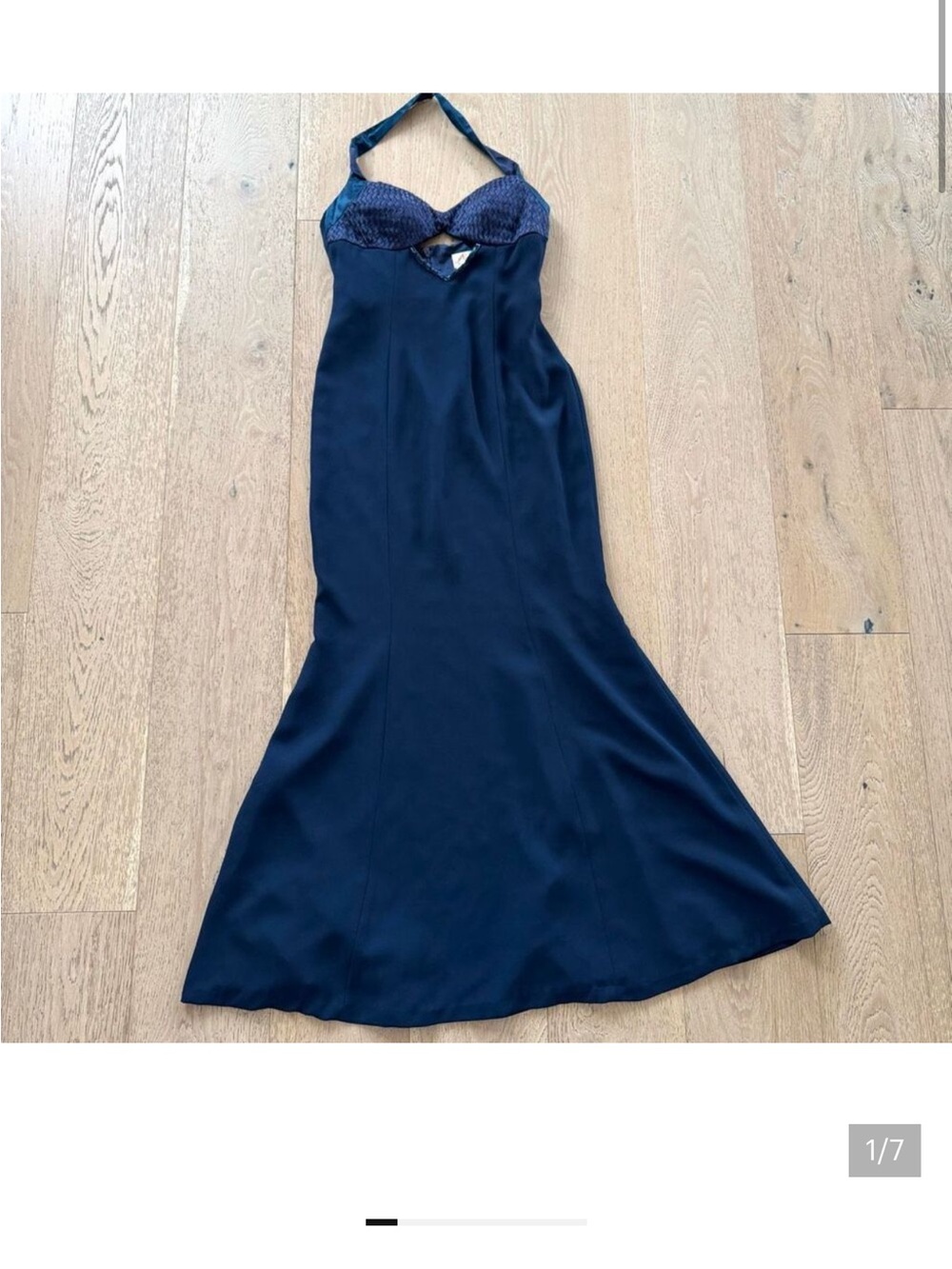 Vintage Navy Blue Beaded Woven Maxi Cocktail Formal Party Dress Size 8 Medium